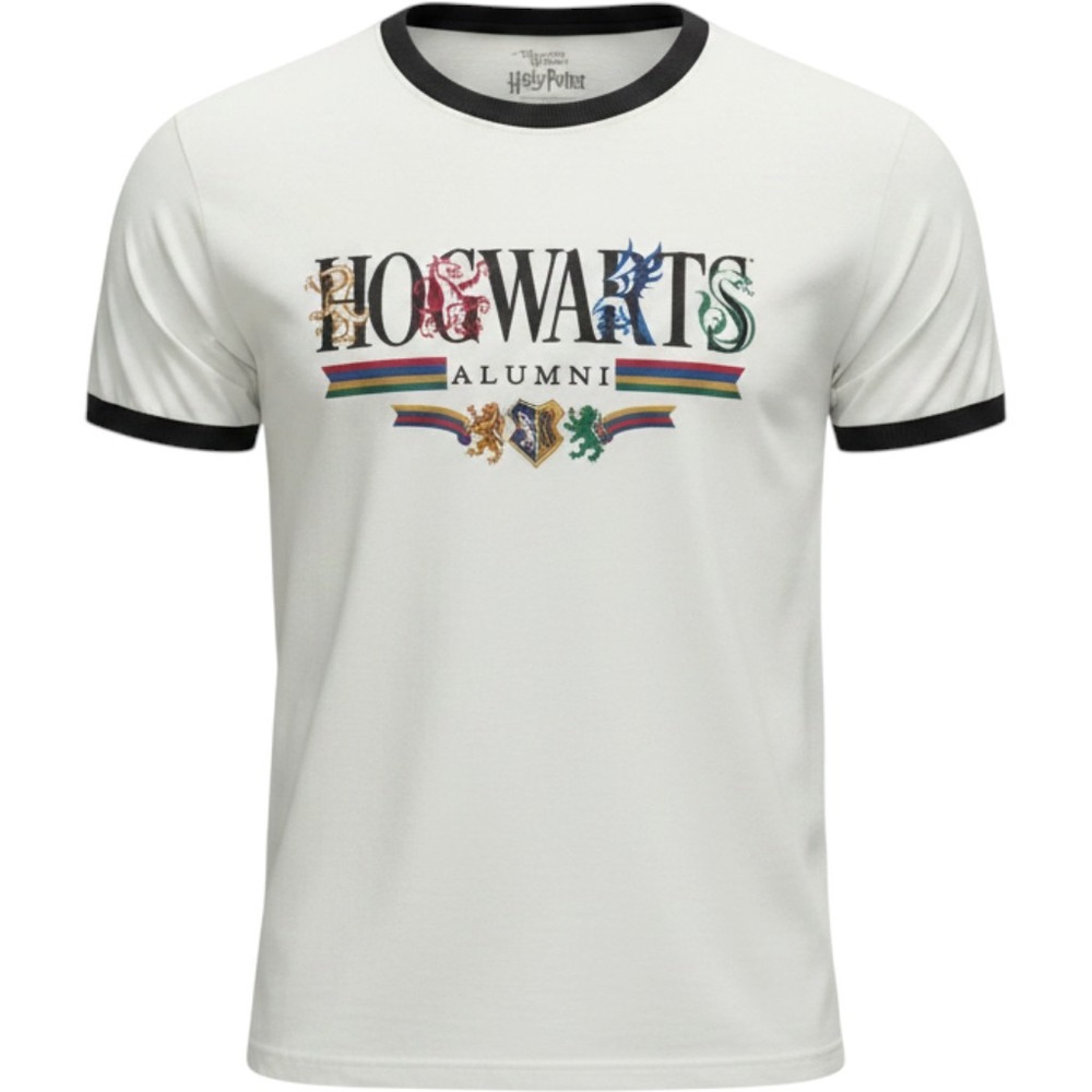 Harry Potter Hogwarts Alumni Ringer T-Shirt Universal Studios Natural Black L
